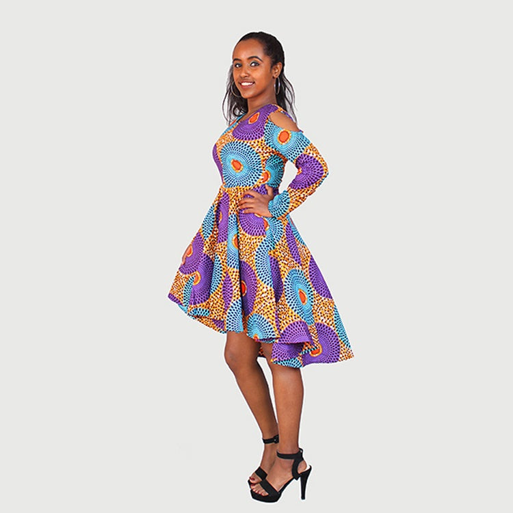 Traditional African Kitenge Wax Print Hollandaise Violet High Low Hem Long Sleeve Shoulder Cut Out Dress