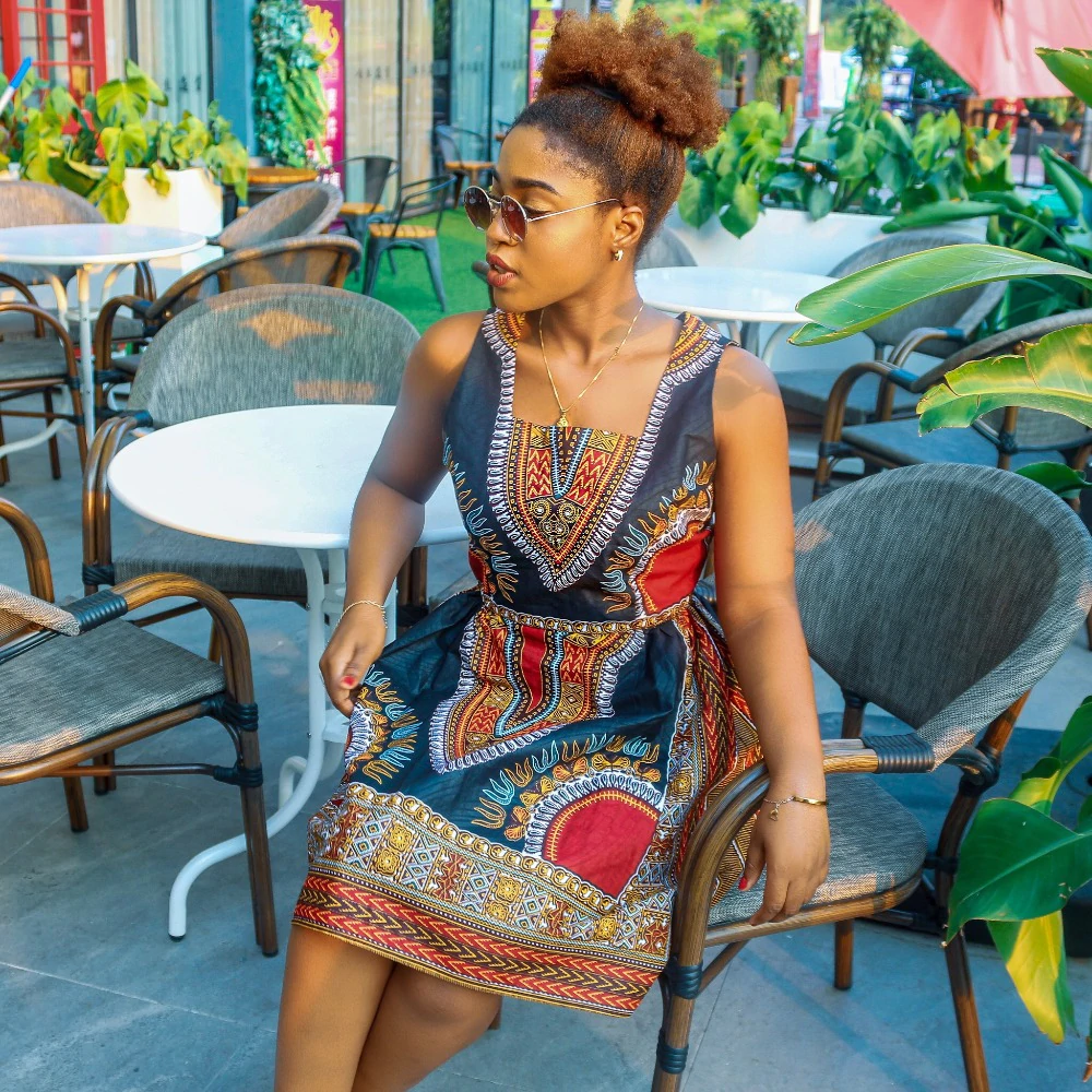 African Kitenge Wax Print Ankara Square Neck Sleeveless Knee Length Dress