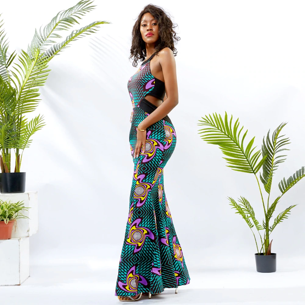 Traditional African Kitenge Wax Print Formal Backless Fish Tail Dress