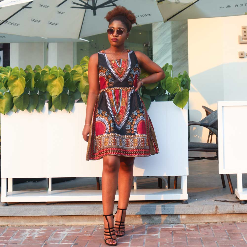 African Kitenge Wax Print Ankara Square Neck Sleeveless Knee Length Dress