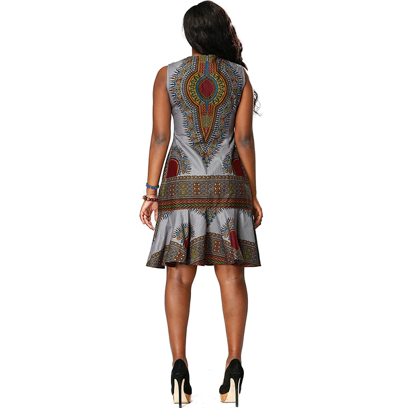 Traditional African Kitenge Dashiki Print Design Batik Above Knee Sleeveless Dress