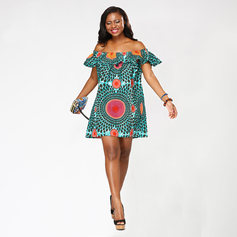African Kitenge Wax Print Ankara Off-Shoulder Ruffled Mini Dress