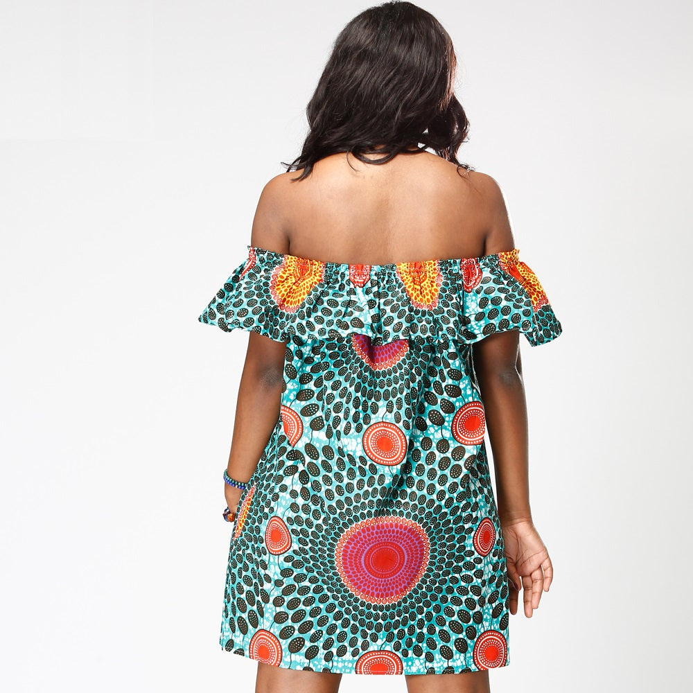African Kitenge Wax Print Ankara Off-Shoulder Ruffled Mini Dress