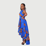 Traditional African Kitenge Wax Print Hollandaise Blue High Low Hem Sleeveless Dress