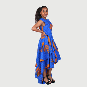 Traditional African Kitenge Wax Print Hollandaise Blue High Low Hem Sleeveless Dress