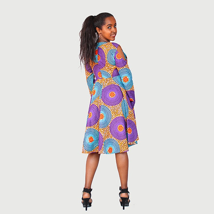 Traditional African Kitenge Wax Print Hollandaise Violet High Low Hem Long Sleeve Shoulder Cut Out Dress