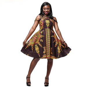 African Kitenge Wax Print Ankara Off Shoulder Sleeveless Knee Length Dress