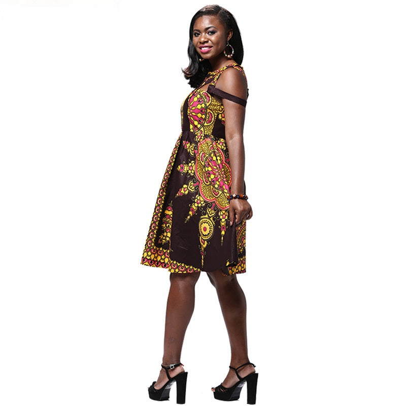 African Kitenge Wax Print Ankara Off Shoulder Sleeveless Knee Length Dress