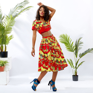 Traditional African Kitenge Wax Print Ankara Skirt + Short Sleeve MidriffTop