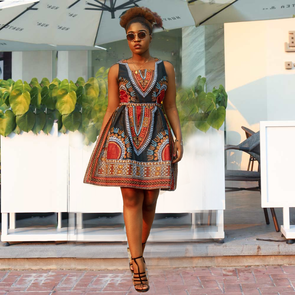 African Kitenge Wax Print Ankara Square Neck Sleeveless Knee Length Dress