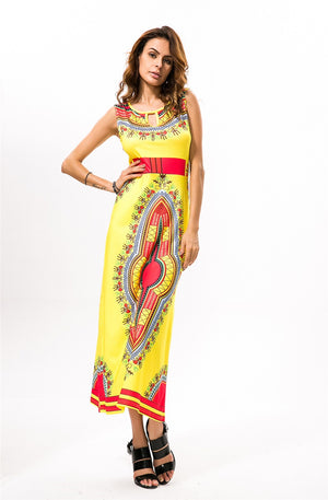 African Kitenge Wax Print Ankara Batik Bohemian Sleeveless Long Dress