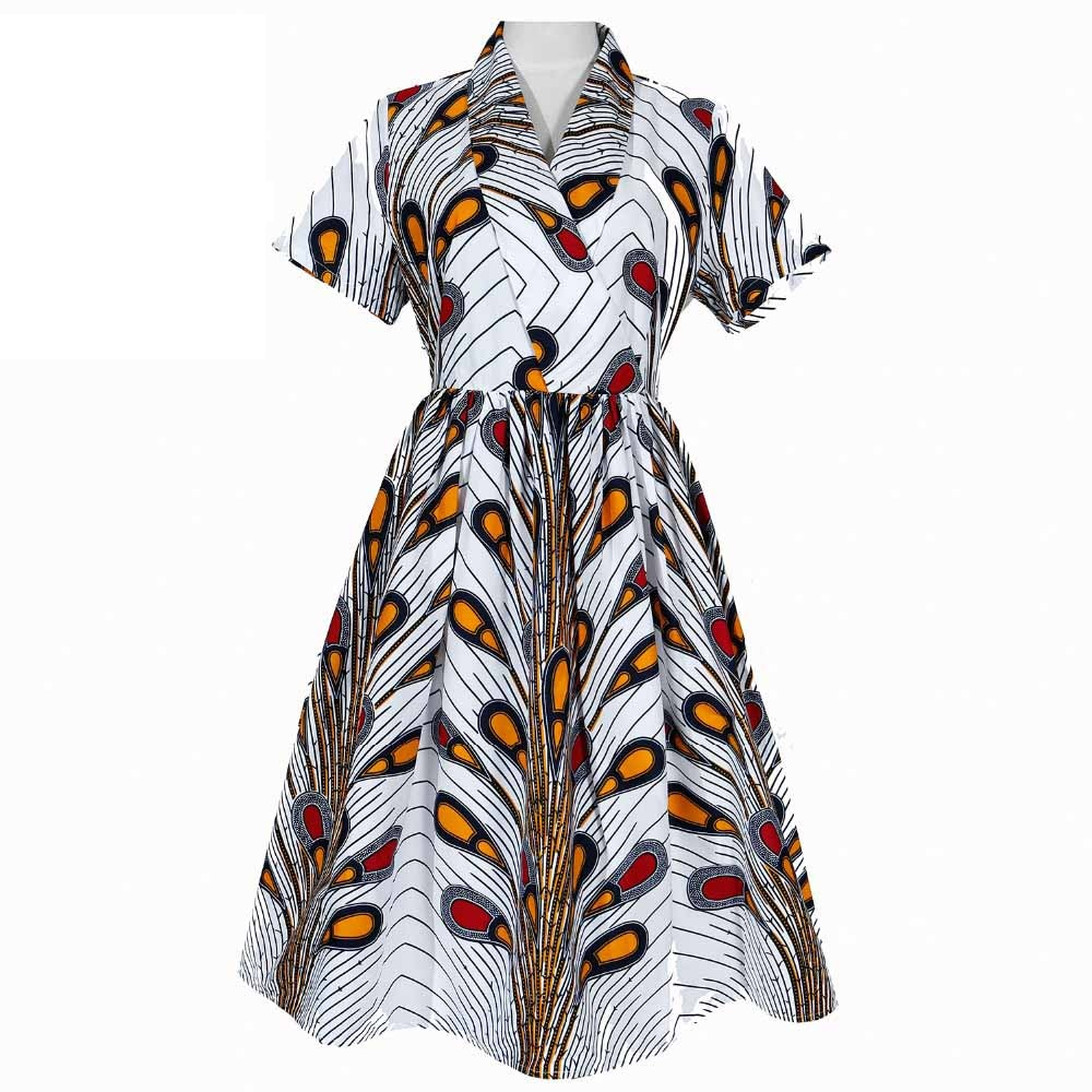 African Kitenge Wax Print Ankara Retro Inspired Wrap Short Sleeve Dress