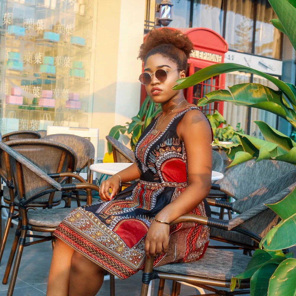 African Kitenge Wax Print Ankara Square Neck Sleeveless Knee Length Dress