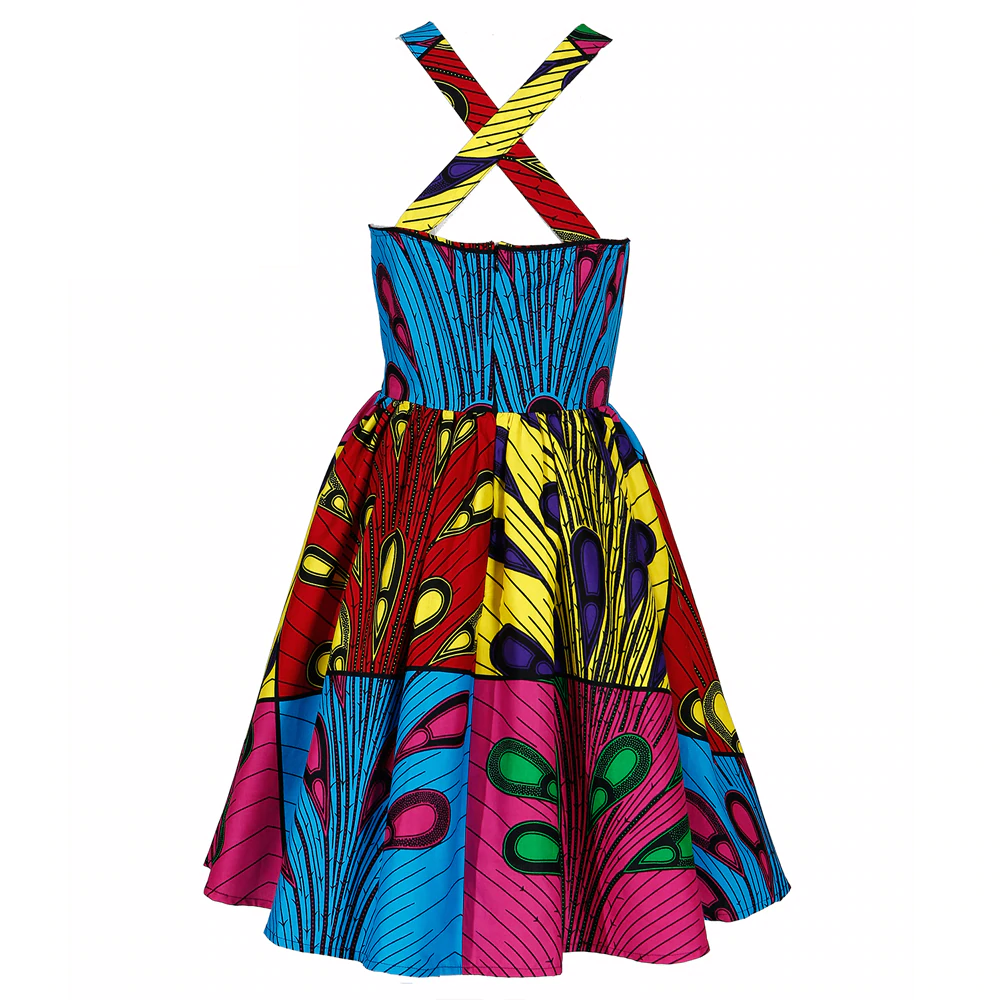 African Kitenge Wax Print Ankara Above Knee Criss Cross Back Sun Dress