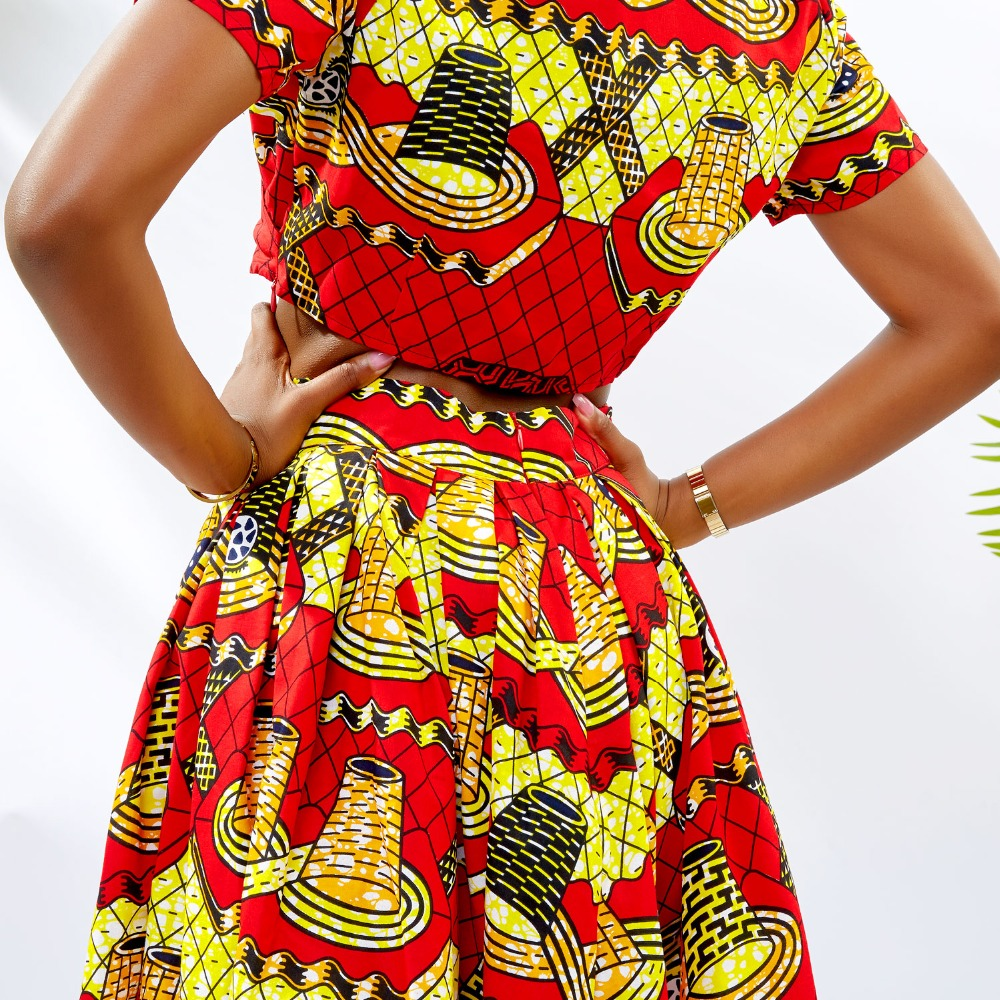 Traditional African Kitenge Wax Print Ankara Skirt + Short Sleeve MidriffTop