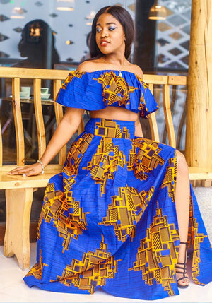 Traditional African Dashiki Kitenge Wax Print Long Skirt + Tube Top Dress