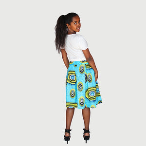 Trendy African Traditional Wax Print Aqua Green Color Drindl Pleated Knee Length Skirt