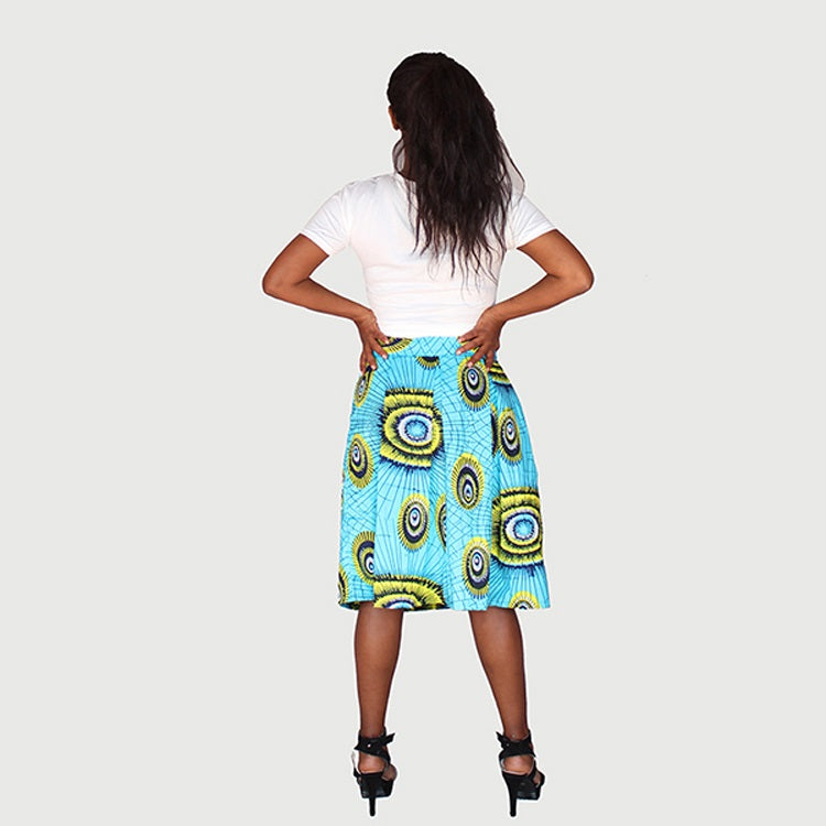 Trendy African Traditional Wax Print Aqua Green Color Drindl Pleated Knee Length Skirt
