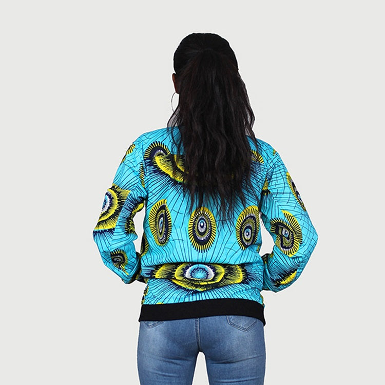 Traditional African Ankara Wax Print Uni Sex Aqua Blue Bomber Jacket