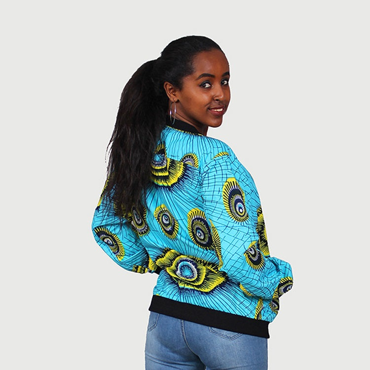 Traditional African Ankara Wax Print Uni Sex Aqua Blue Bomber Jacket
