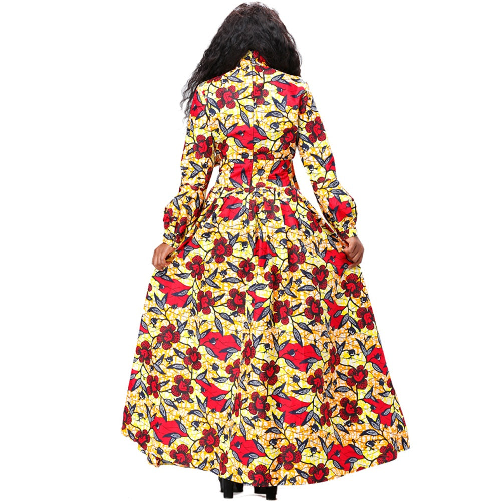 African Kitenge Wax Print Ankara Floral Full Sweep Bowknot Long Dress
