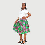 Chic African Traditional Wax Print Green Color Drindl Pleated Knee Length Skirt
