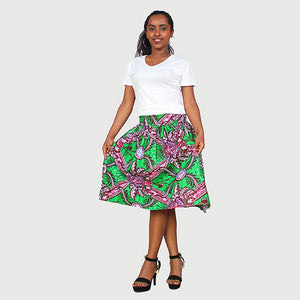 Chic African Traditional Wax Print Green Color Drindl Pleated Knee Length Skirt