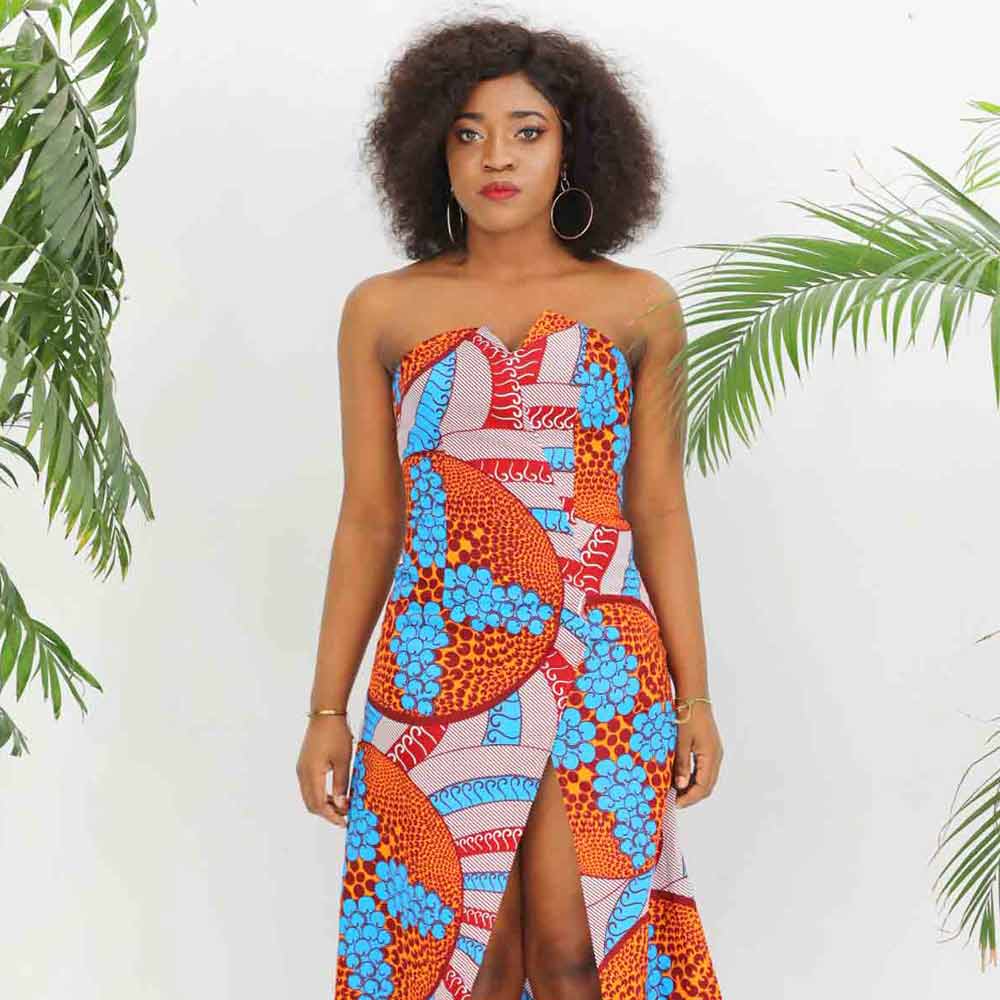 African Kitenge Ankara Wax Print Strapless Dress With Slit Asigbe African Kitenge Ankara Wax Print Strapless Dress With Slit Asigbe