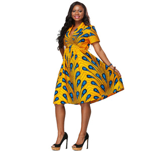 African Kitenge Wax Print Ankara Retro Inspired Wrap Short Sleeve Dress