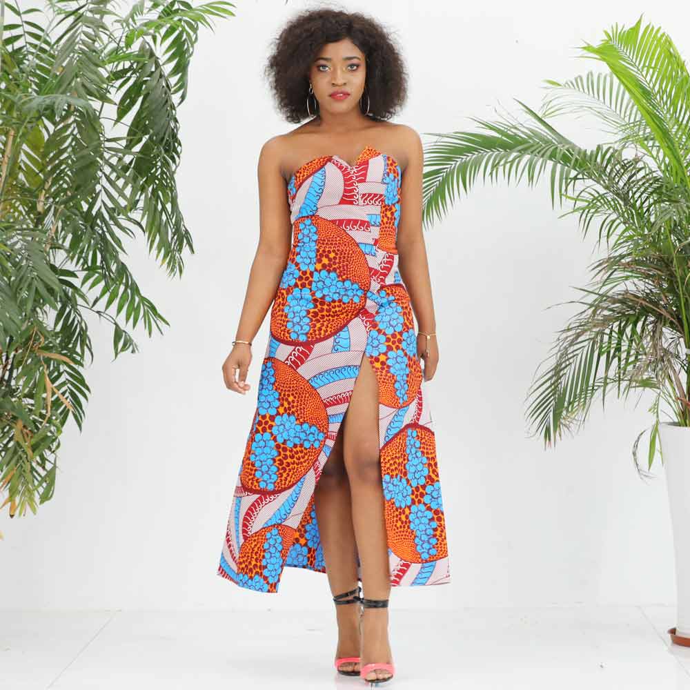 African Kitenge Ankara Wax Print Strapless Dress With Slit Asigbe African Kitenge Ankara Wax Print Strapless Dress With Slit Asigbe