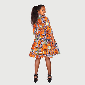 Multi Color Traditional African Kitenge Wax Print Hollandaise Orange Knee Length Dress