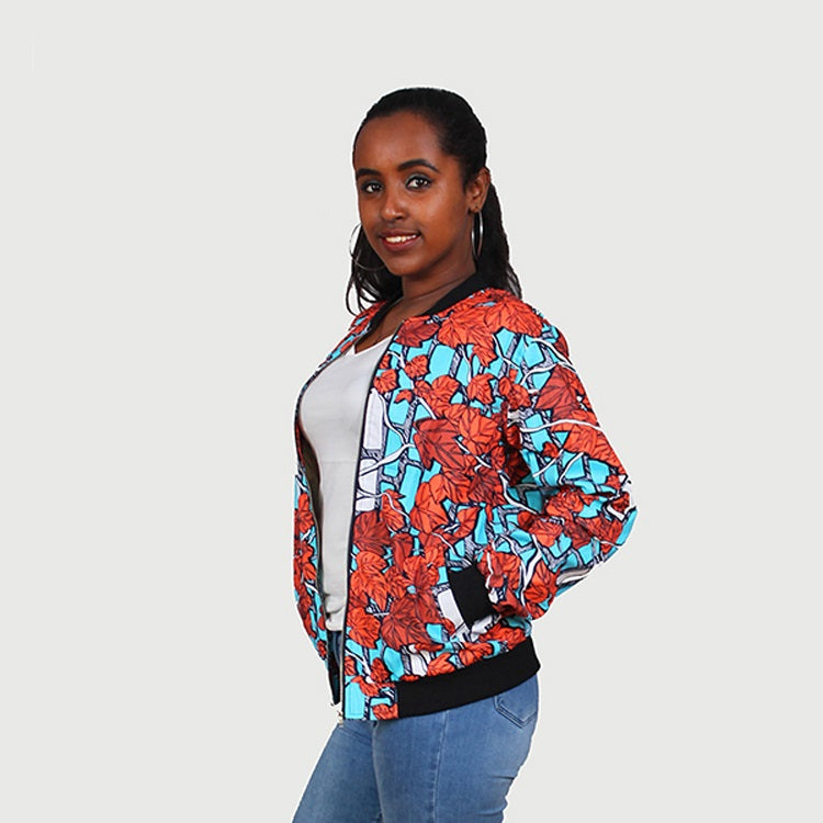 Traditional African Ankara Wax Print Multi Color Leaf Design Bomber Jacket