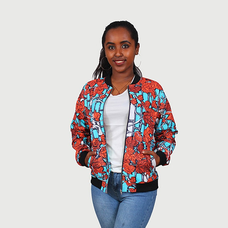 Traditional African Ankara Wax Print Multi Color Leaf Design Bomber Jacket