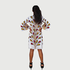 Traditional African Kitenge Wax Print Hollandaise White Ground Peacock Pattern Knee Length  Long Sleeve Dress