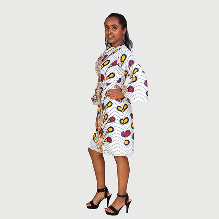 Traditional African Kitenge Wax Print Hollandaise White Ground Peacock Pattern Knee Length  Long Sleeve Dress